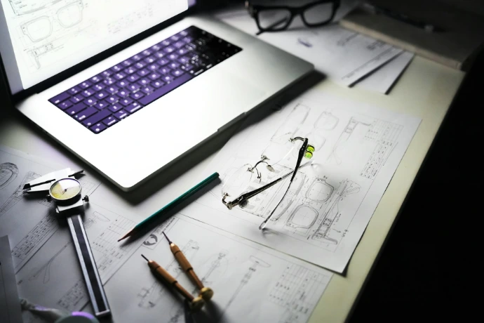 Desk with laptop, blueprints, and tools